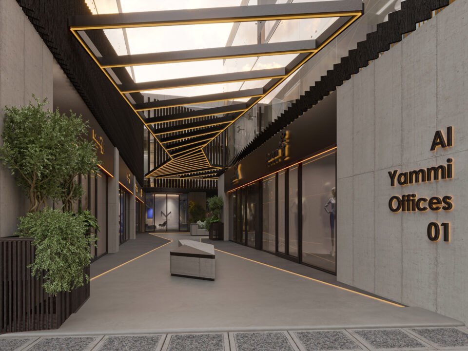 Contemporary retail corridor with glass façades and warm lighting