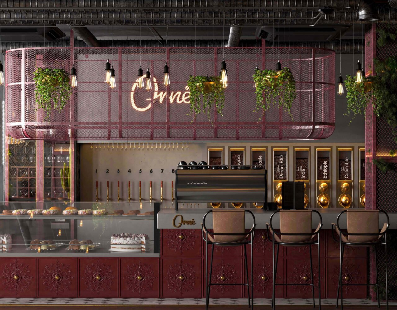 Modern café interior with red mesh structure, hanging plants, and coffee counter in Riyadh