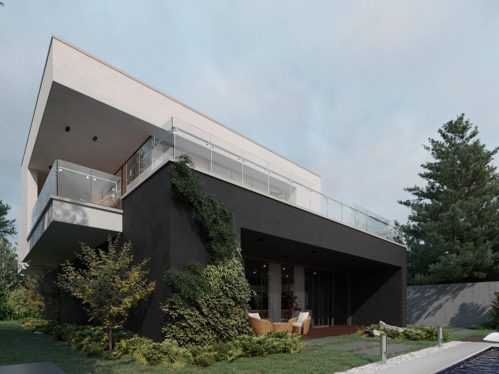 A modern two-story villa featuring clean geometric volumes, large glass openings, and a landscaped pool area.