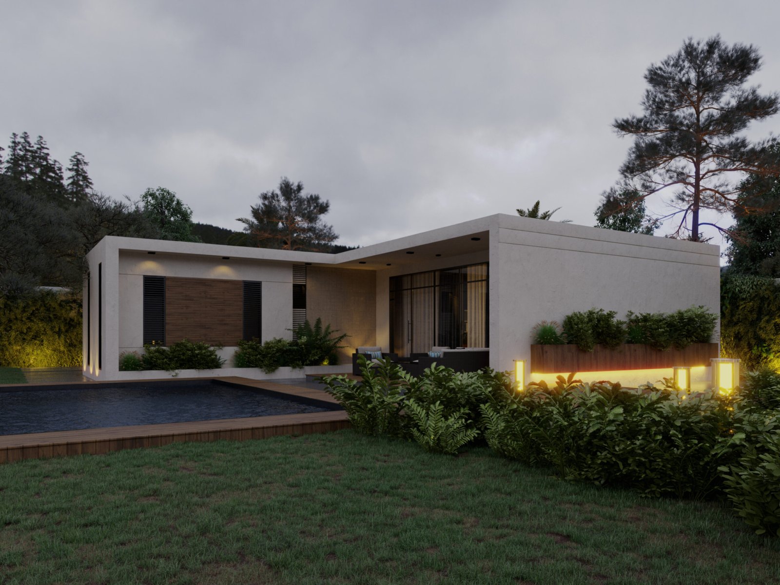 Outdoor seating area overlooking a pool with warm lighting and minimalist architecture