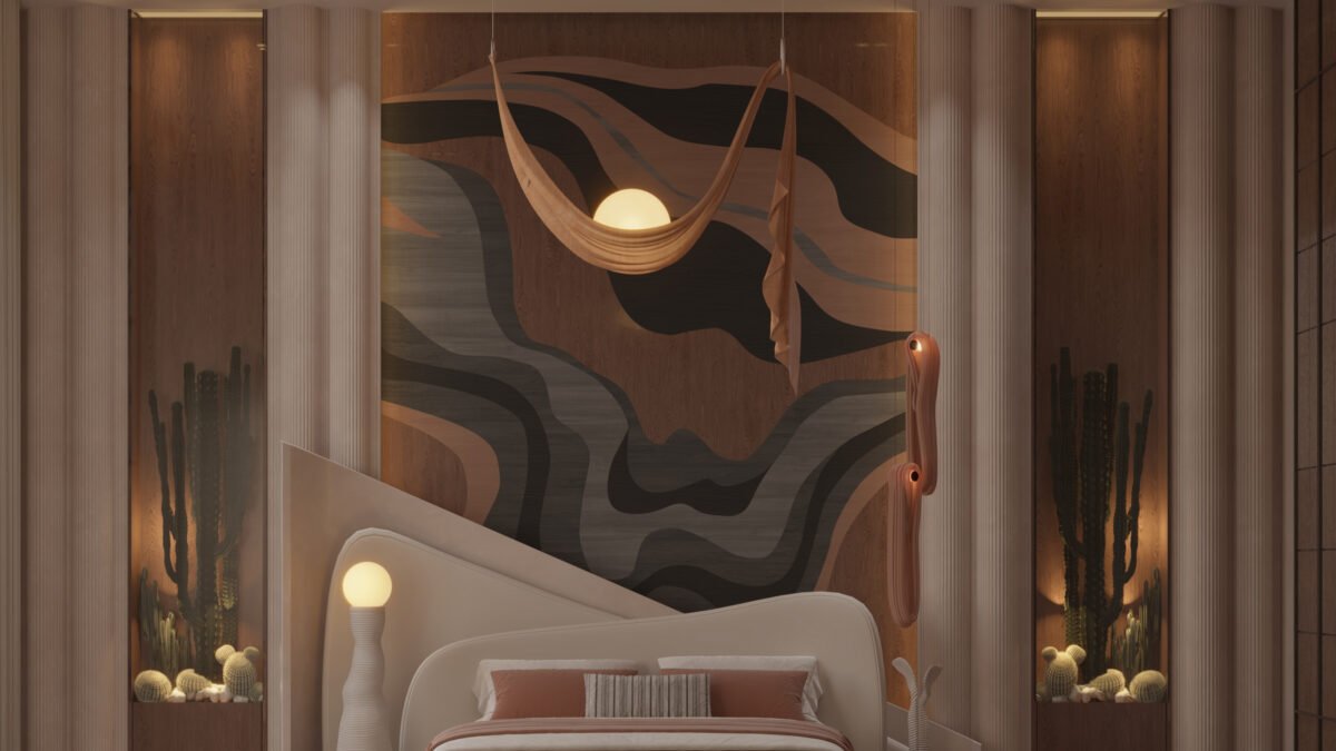 Sculptural master bedroom with curved bed, warm wood wall, and suspended lighting