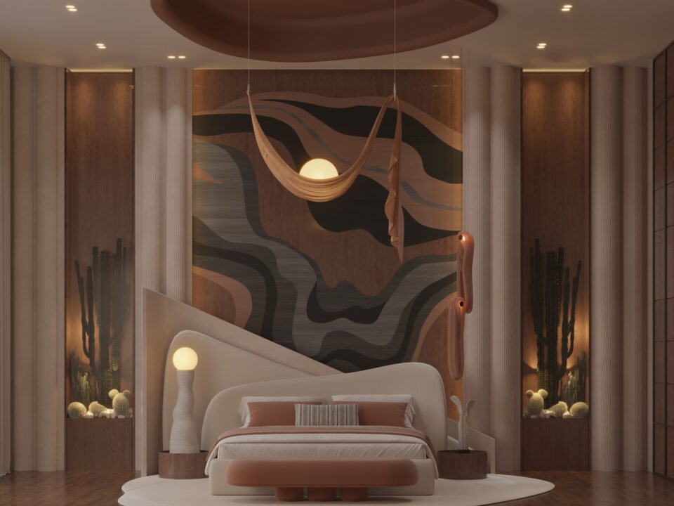 Sculptural master bedroom with curved bed, warm wood wall, and suspended lighting