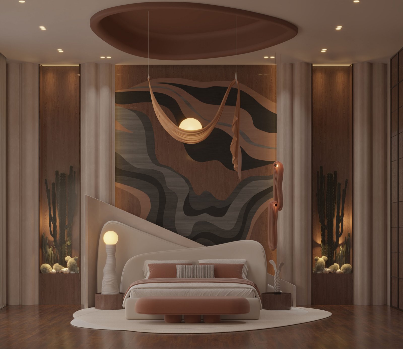 Sculptural master bedroom with curved bed, warm wood wall, and suspended lighting