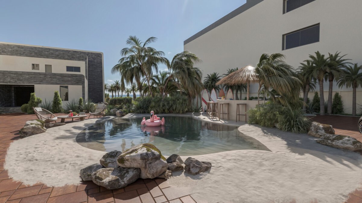 Beach-style pool with palm trees and modern villa in Kuwait