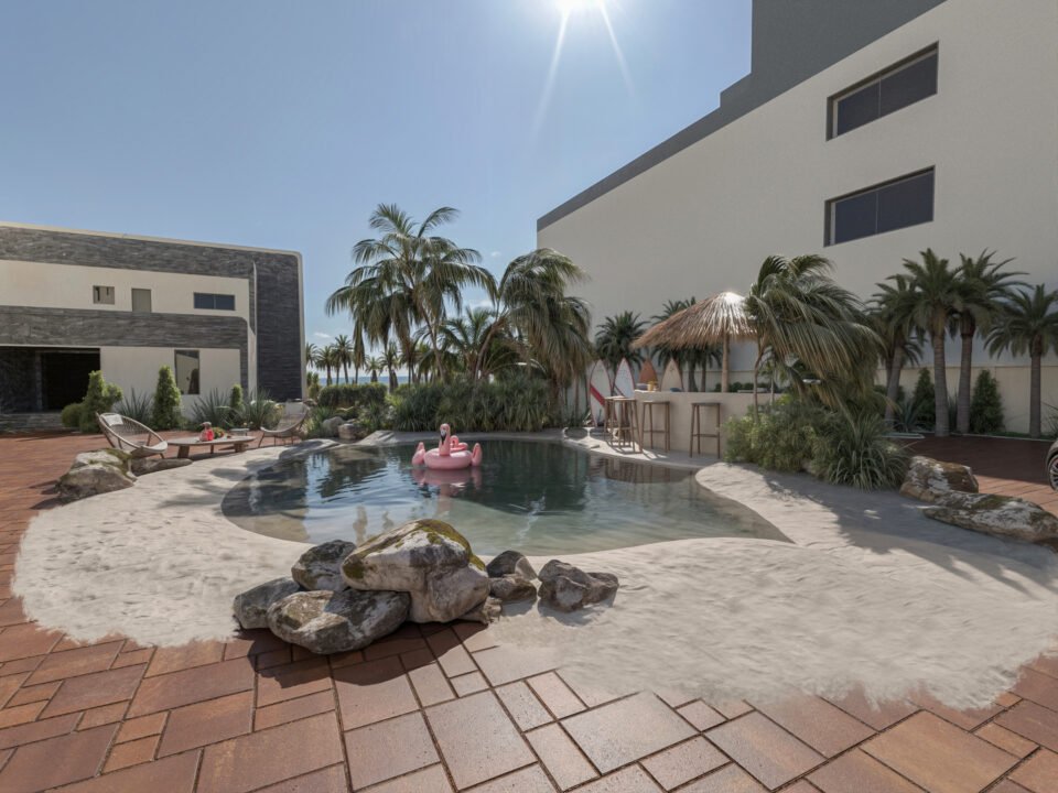 Beach-style pool with palm trees and modern villa in Kuwait