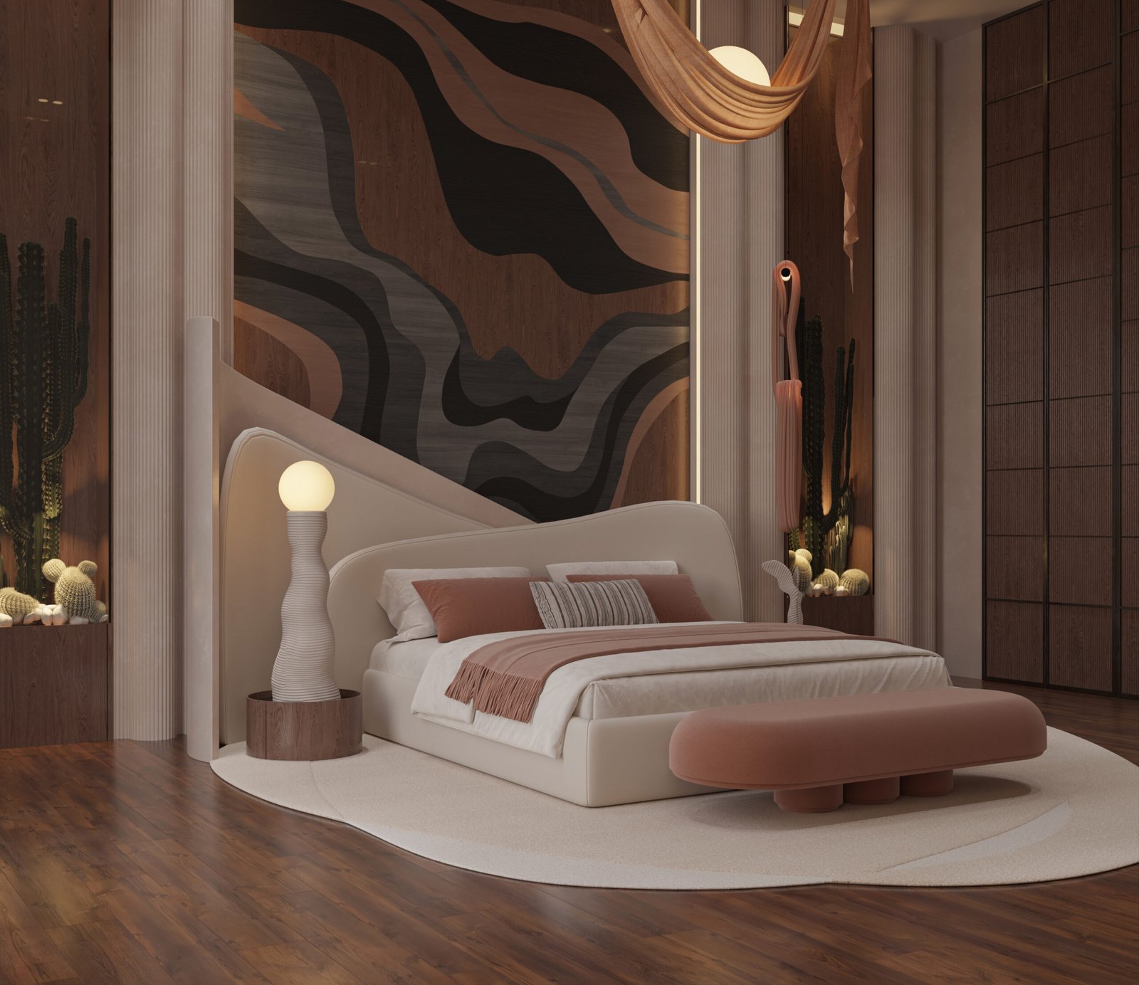 Angled view emphasizing the flowing wall design and sculptural lighting fixtures.