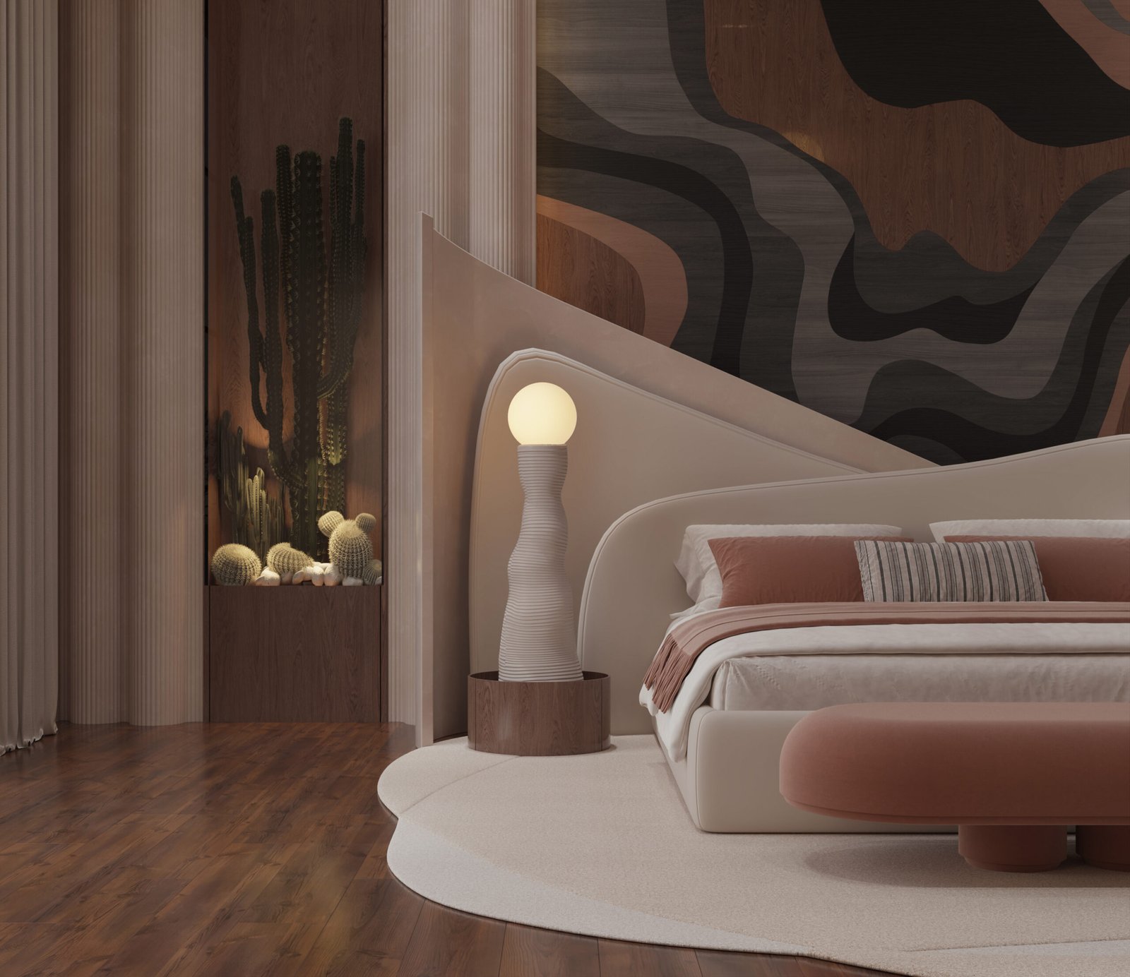 Angled view emphasizing the flowing wall design and sculptural lighting fixtures.
