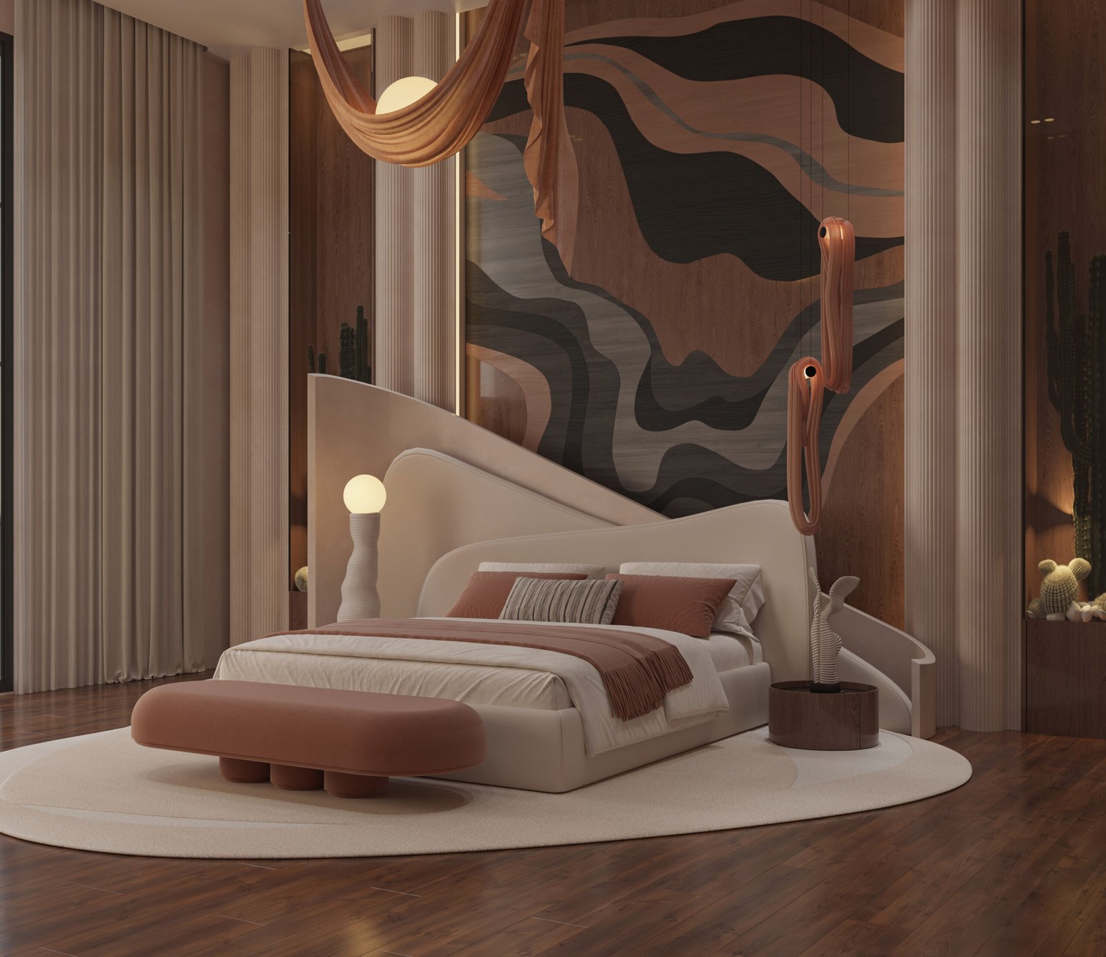 Angled view emphasizing the flowing wall design and sculptural lighting fixtures.