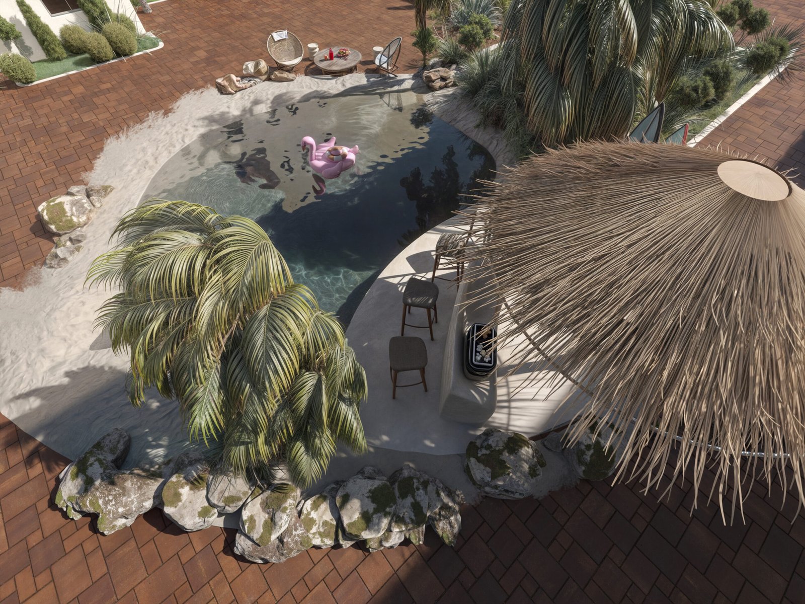 A lagoon-shaped pool surrounded by palm trees, natural rocks, and contemporary architecture creating a private beach atmosphere.