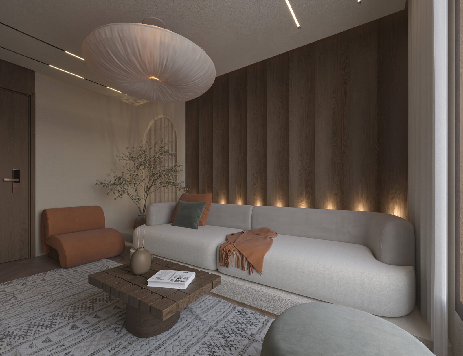 Faisal Apartment contemporary bedroom with forest green feature wall and warm wood bed frame by HRarchZ.