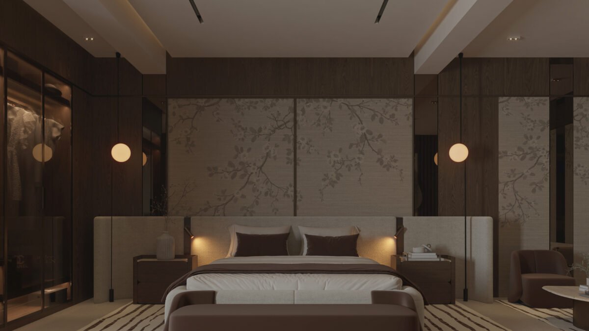 Luxury master bedroom interior with dark timber walls and warm neutral furniture in Doha