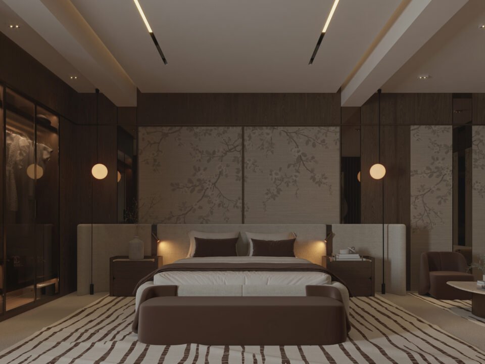 Luxury master bedroom interior with dark timber walls and warm neutral furniture in Doha