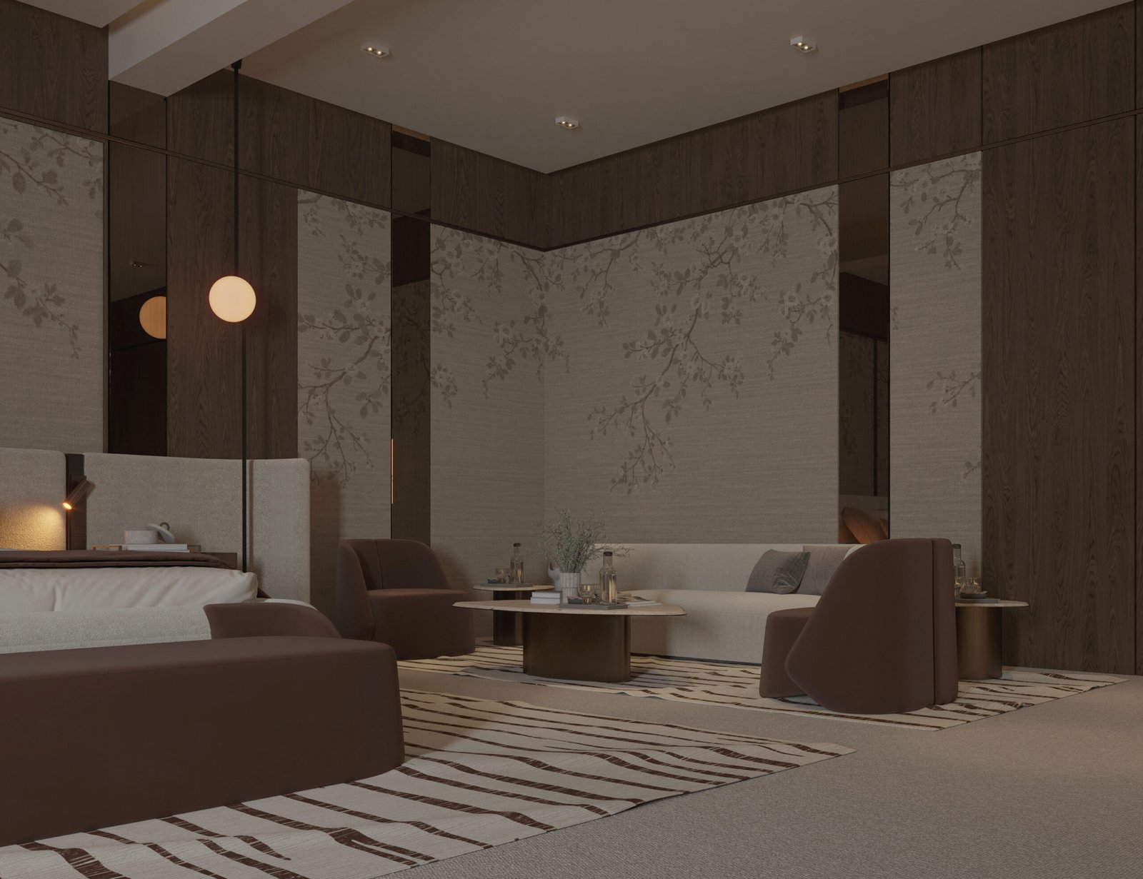 Luxury master bedroom interior with dark timber walls and warm neutral furniture in Doha