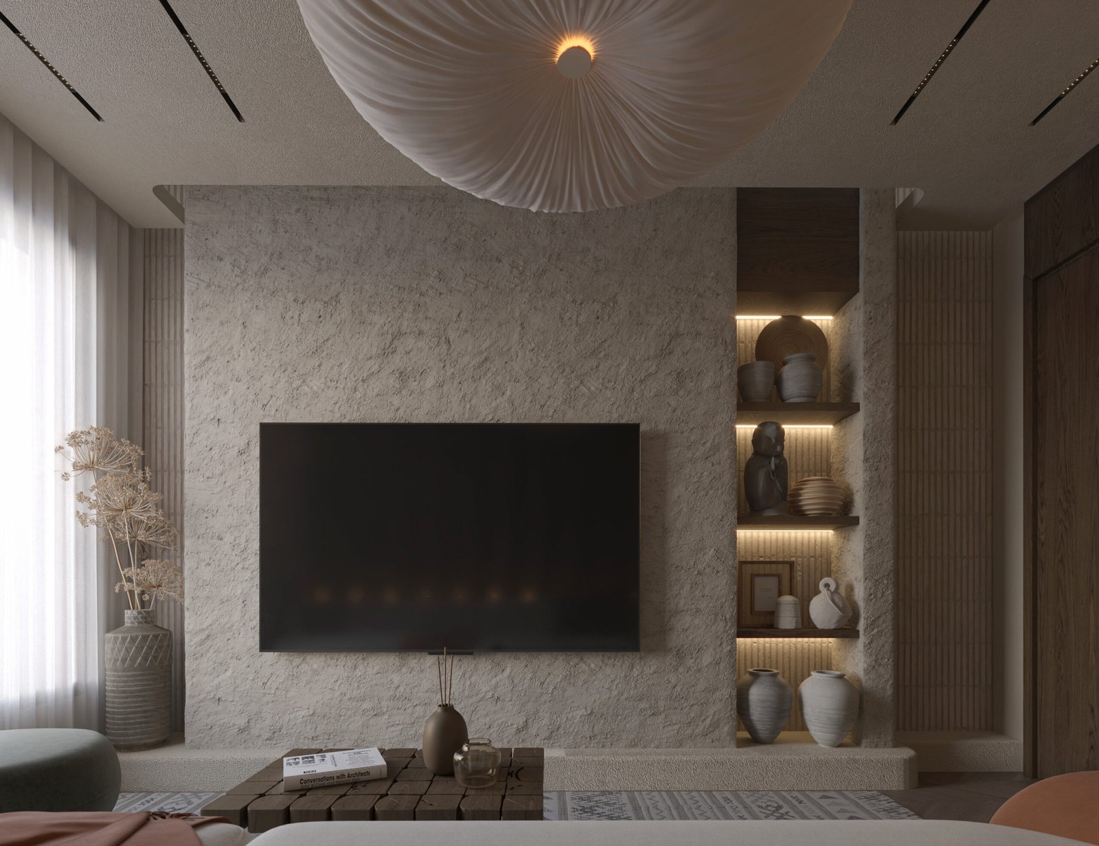 Faisal Apartment contemporary bedroom with forest green feature wall and warm wood bed frame by HRarchZ.