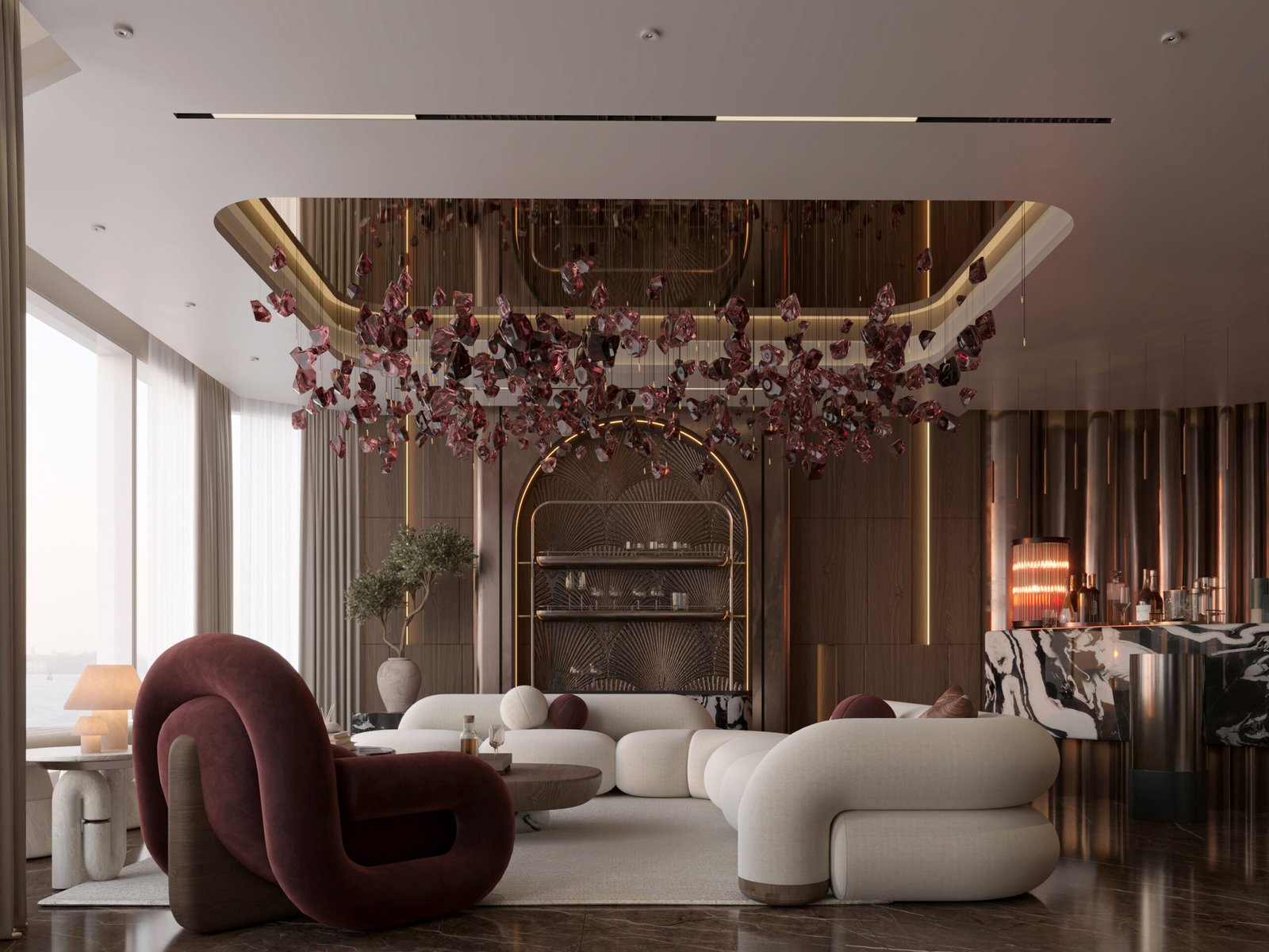 Jasem Apartment by HRarchZ is a luxury residential interior in Cairo, Egypt, combining sculptural furniture, dramatic art installations, rich marble and contemporary design.