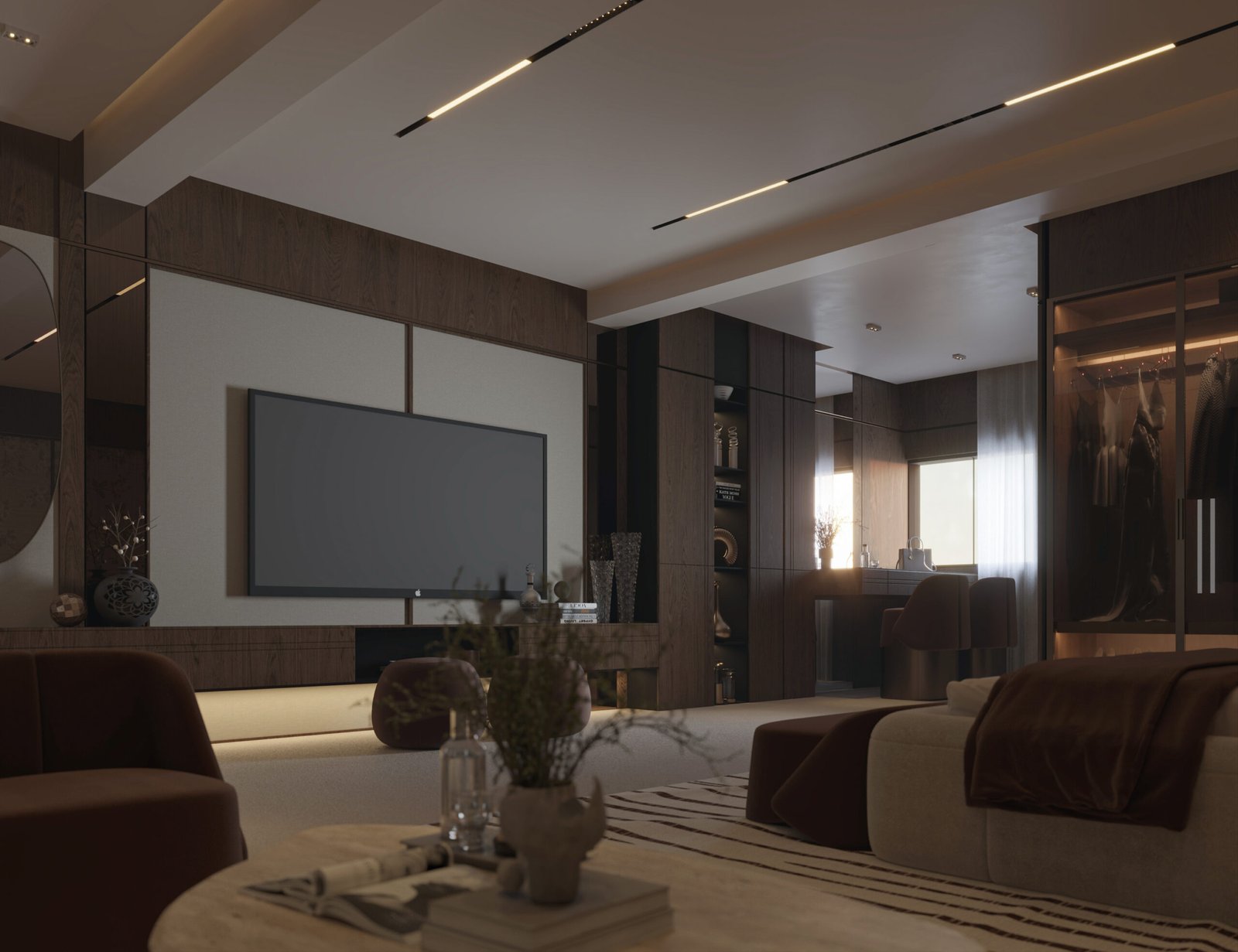 Luxury master bedroom interior with dark timber walls and warm neutral furniture in Doha