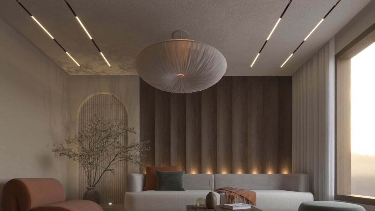 Faisal Apartment contemporary private lounge with curved furniture and timber feature wall.