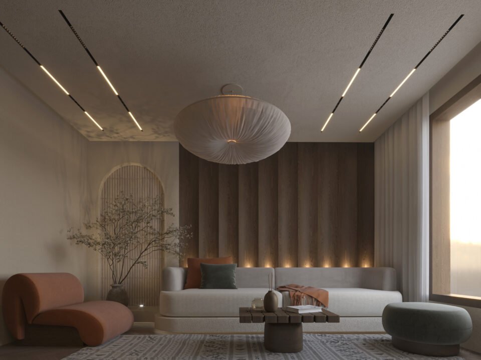 Faisal Apartment contemporary private lounge with curved furniture and timber feature wall.