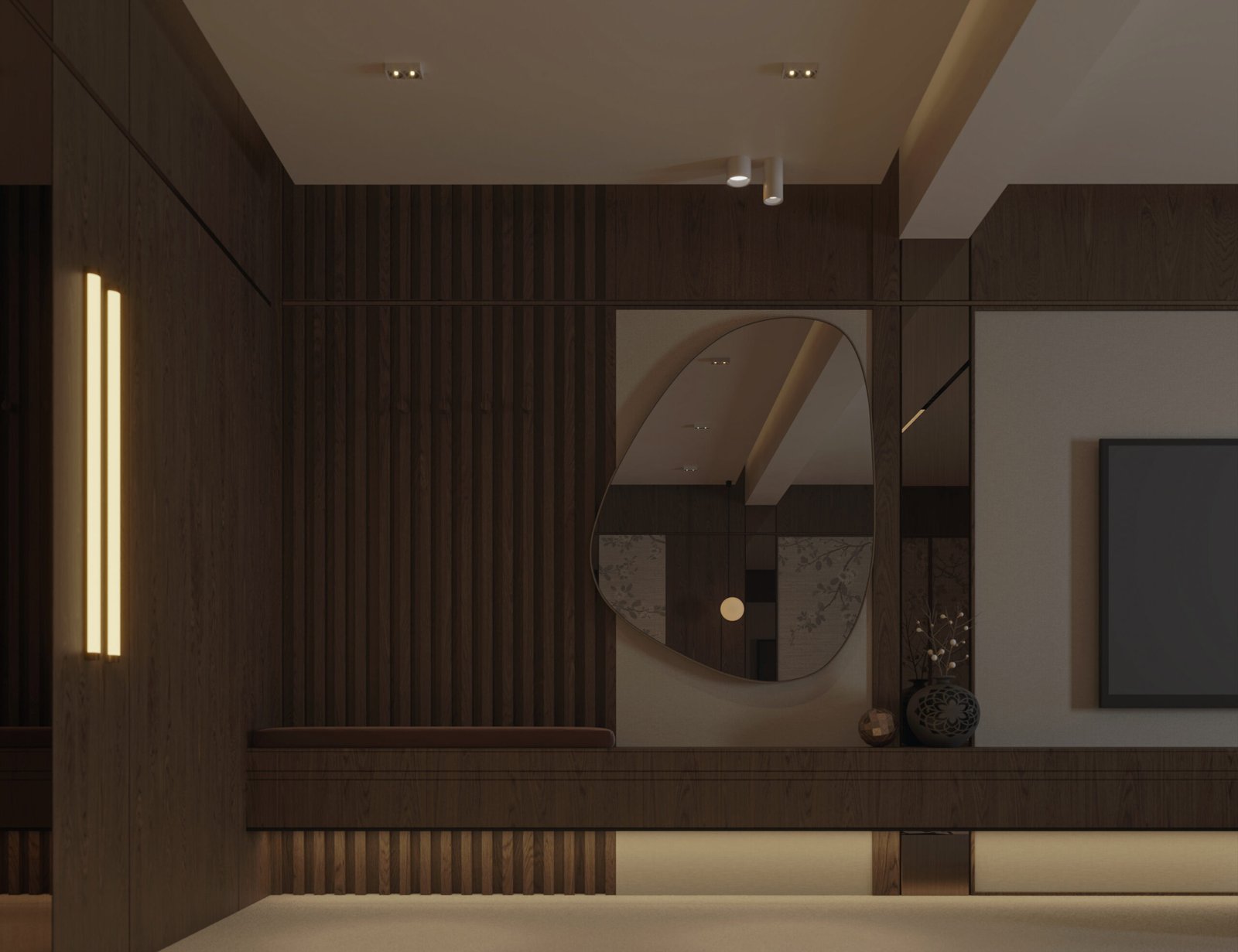 Luxury master bedroom interior with dark timber walls and warm neutral furniture in Doha