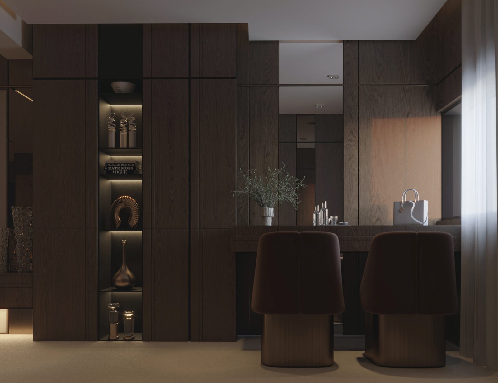 Luxury master bedroom interior with dark timber walls and warm neutral furniture in Doha