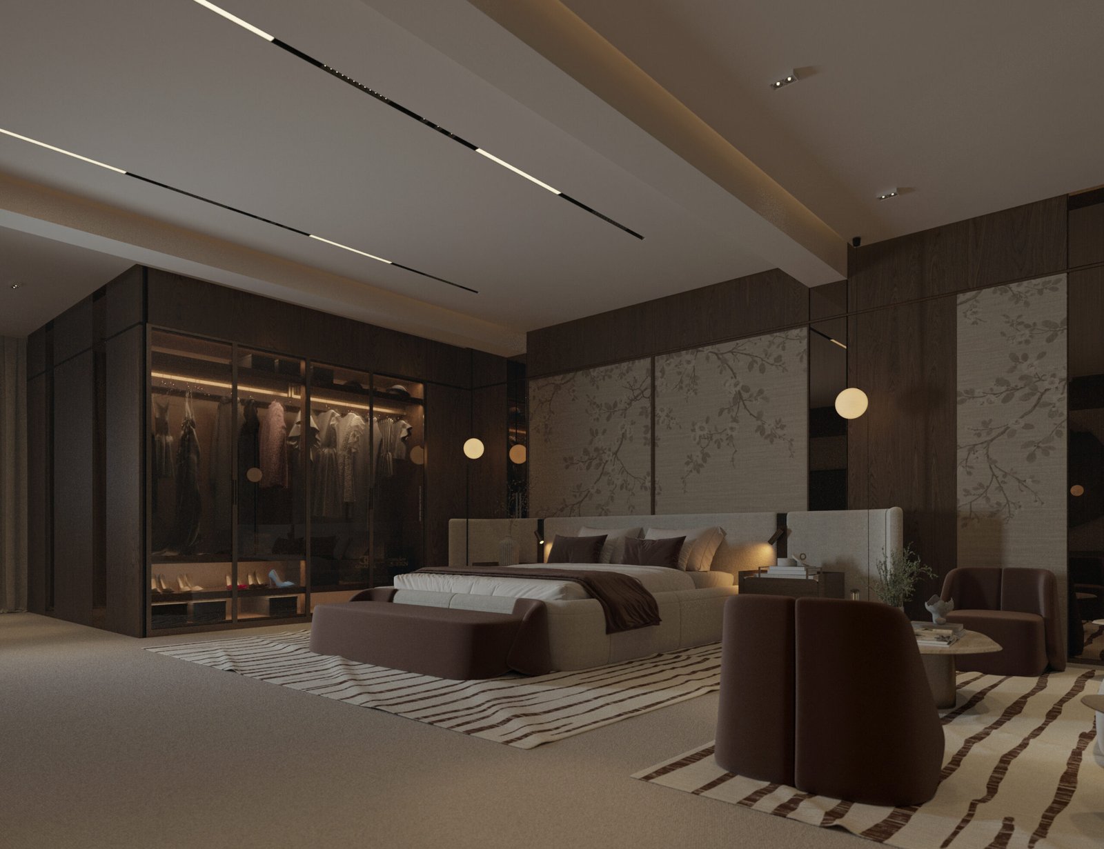 Luxury master bedroom interior with dark timber walls and warm neutral furniture in Doha