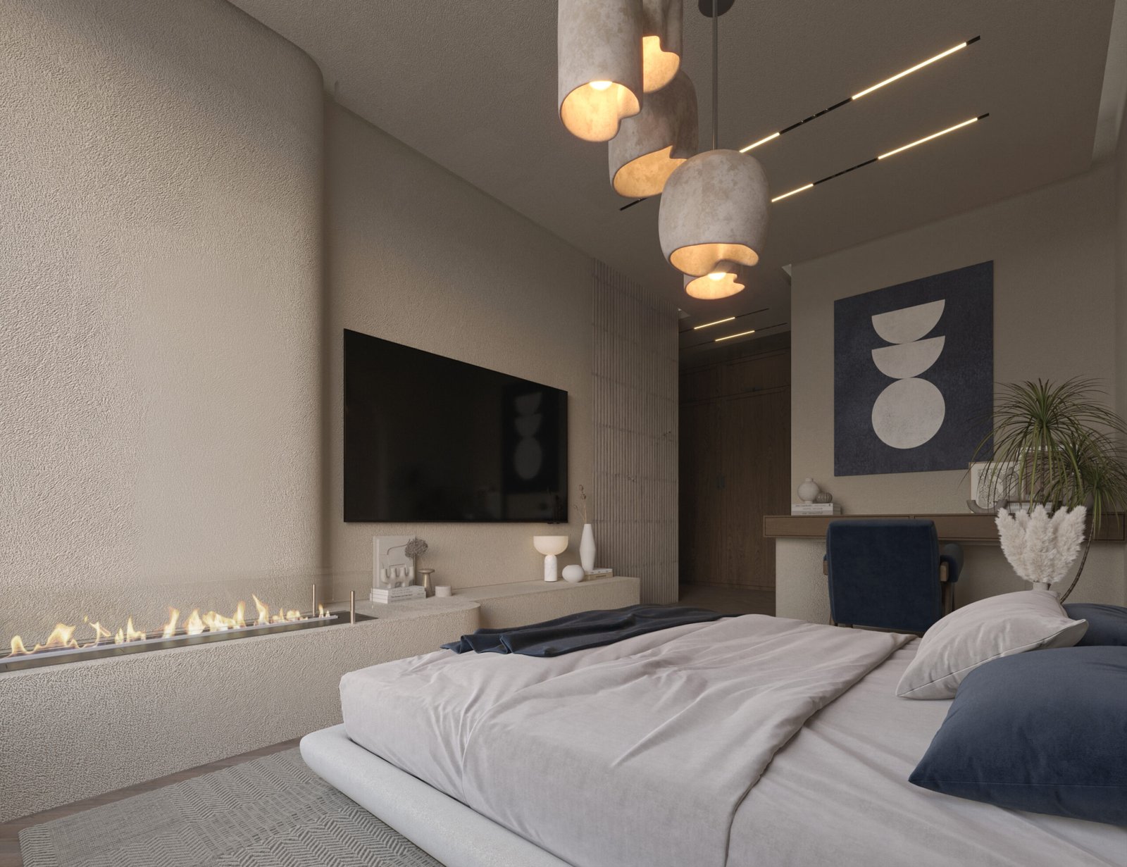 Faisal Apartment contemporary bedroom with forest green feature wall and warm wood bed frame by HRarchZ.