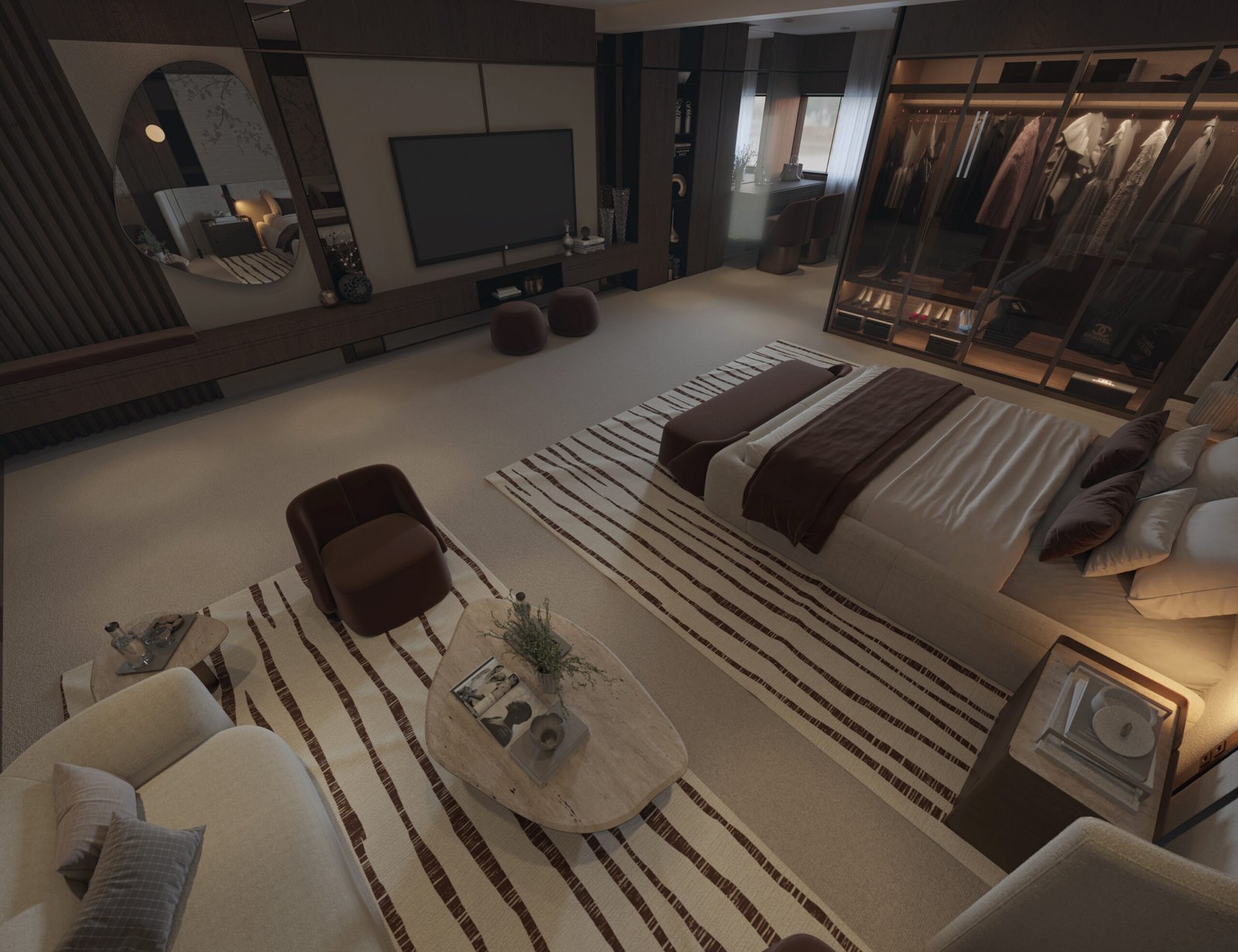 Luxury master bedroom interior with dark timber walls and warm neutral furniture in Doha