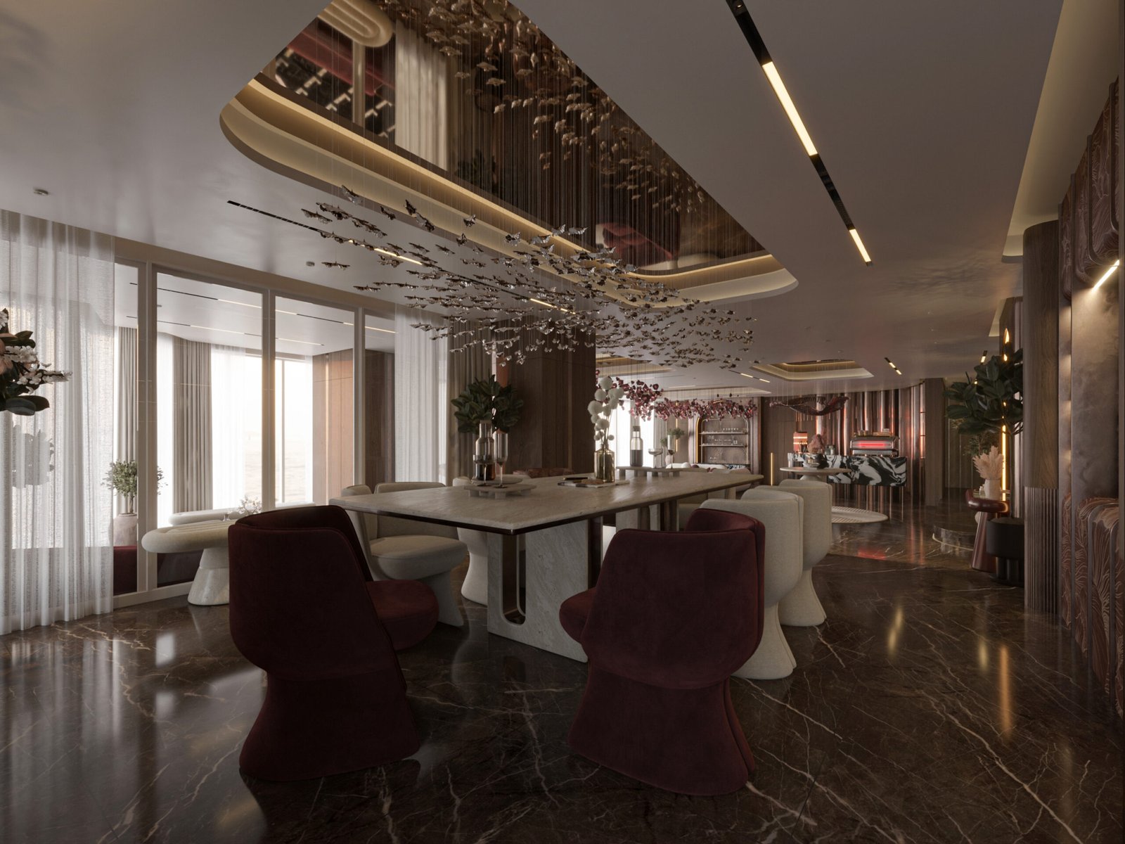 Open-plan luxury living room in Jasem Apartment Cairo featuring grand piano, sculptural furniture and marble bar.