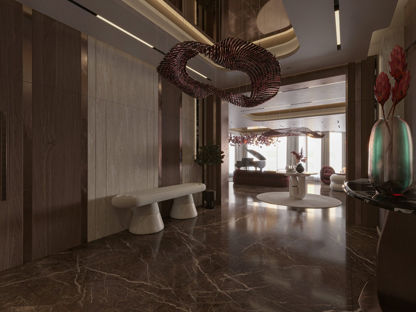 Jasem Apartment by HRarchZ is a luxury residential interior in Cairo, Egypt, combining sculptural furniture, dramatic art installations, rich marble and contemporary design.