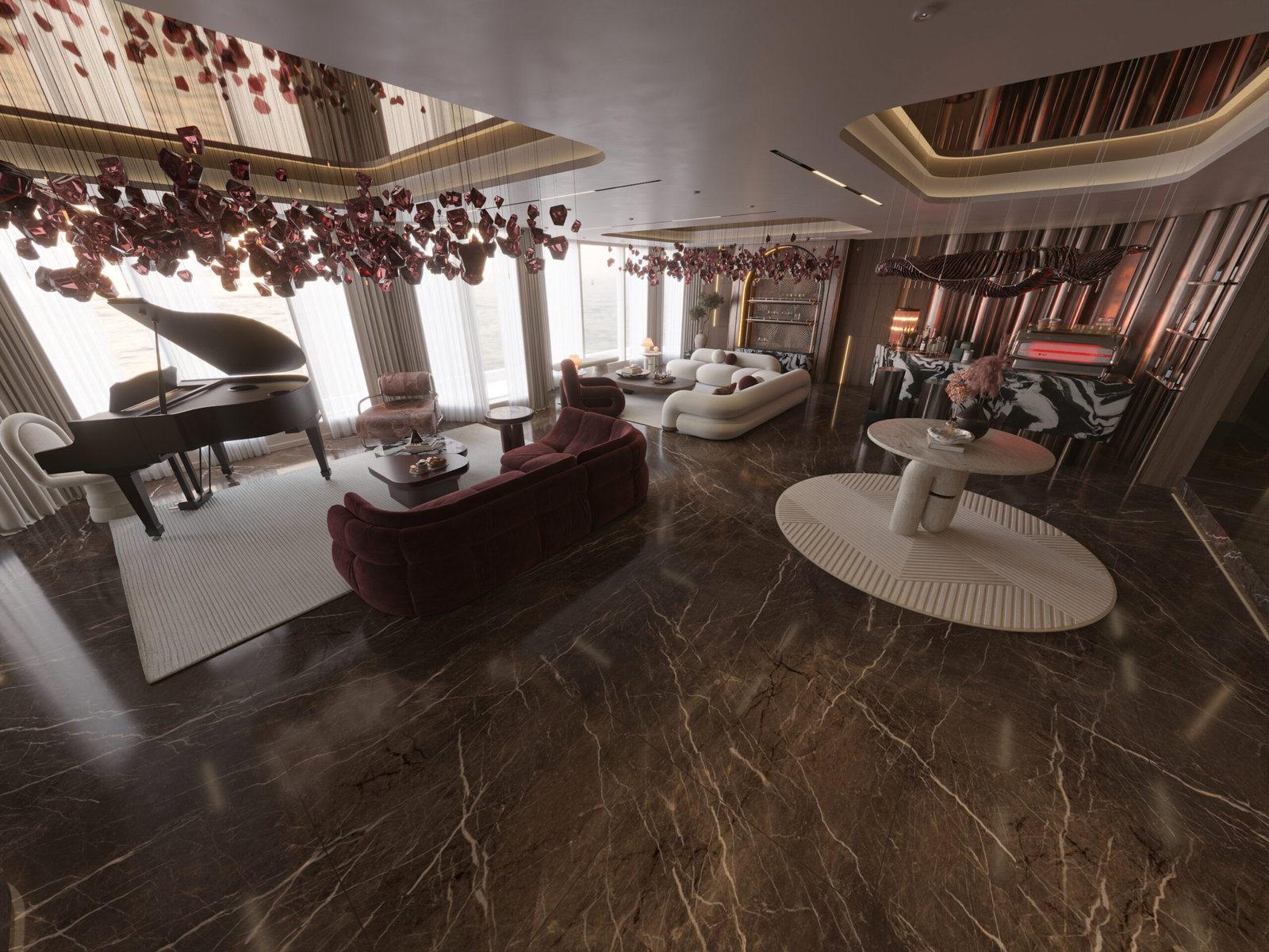 Open-plan luxury living room in Jasem Apartment Cairo featuring grand piano, sculptural furniture and marble bar.